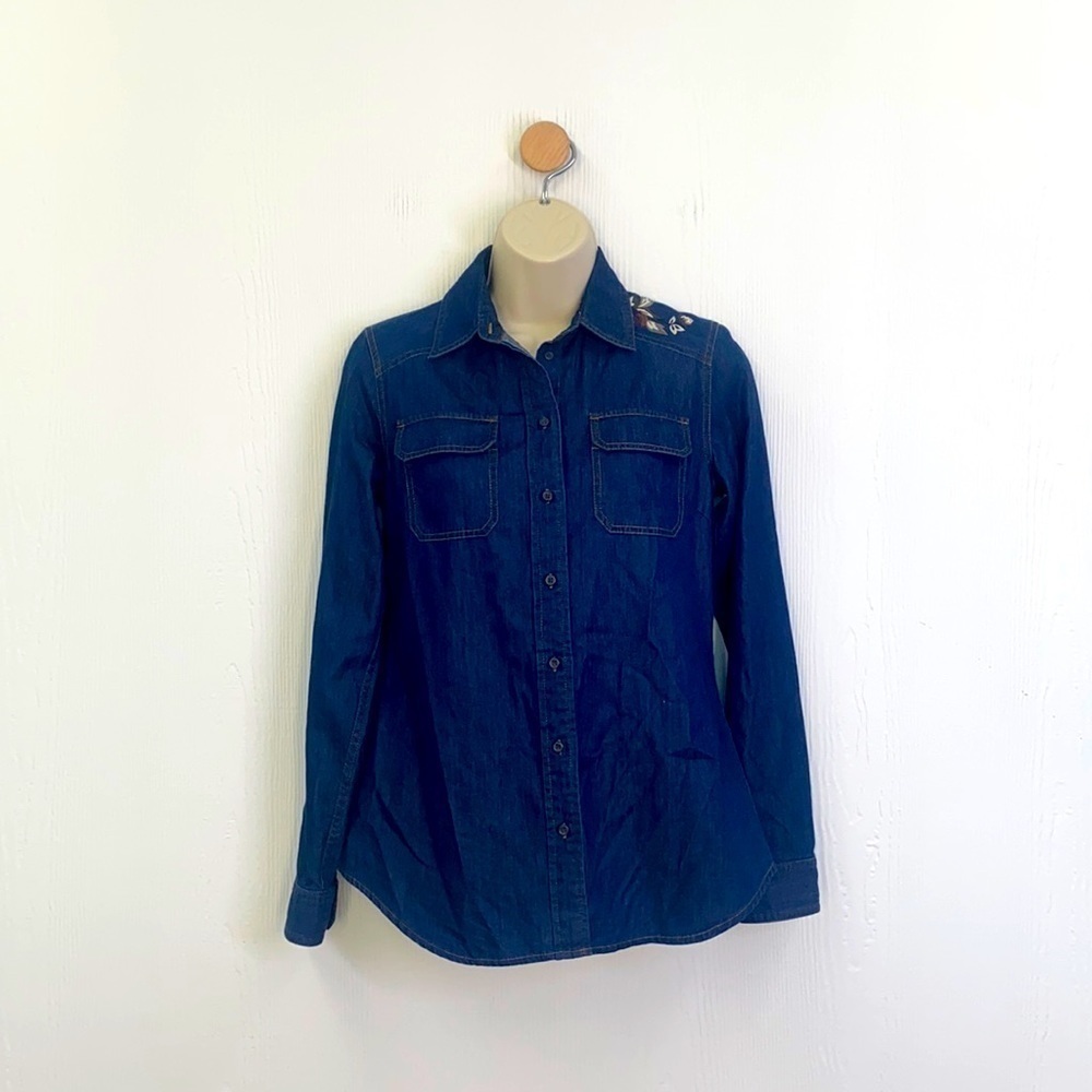 Pendleton -Vintage Dark Denim Button Up With Floral on Shoulder & Back XXS